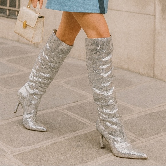 Michael Kors Luna Sequin Boots Silver Pointed Toe Slouchy Heels Women’s 8M NIB - Picture 1 of 15